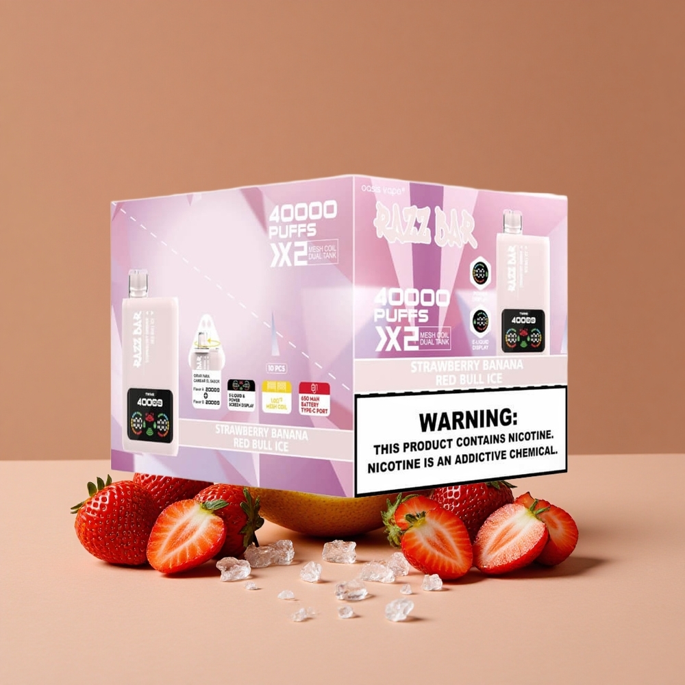 Razz Bar 40000 Puffs Vape Desechable Fresa Plátano_Toro Rojo Hielo con Pantalla de Potencia