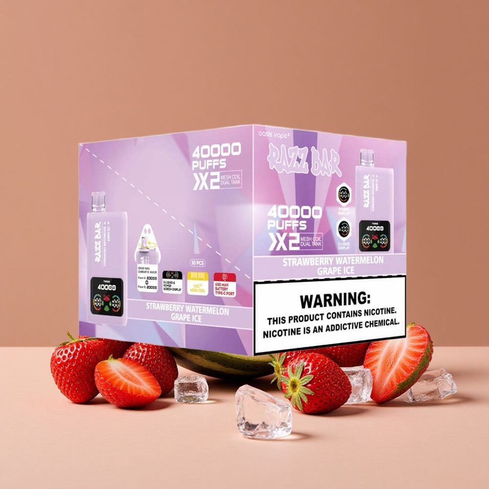 Razz Bar 40000 Puffs Vape Desechable Fresa Sandía_Uva Helada con Pantalla de Potencia