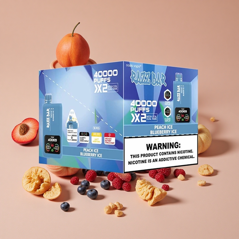 Razz Bar 40000 Puffs Vape Desechable Melocotón Hielo_Arándano Hielo con Pantalla de Potencia