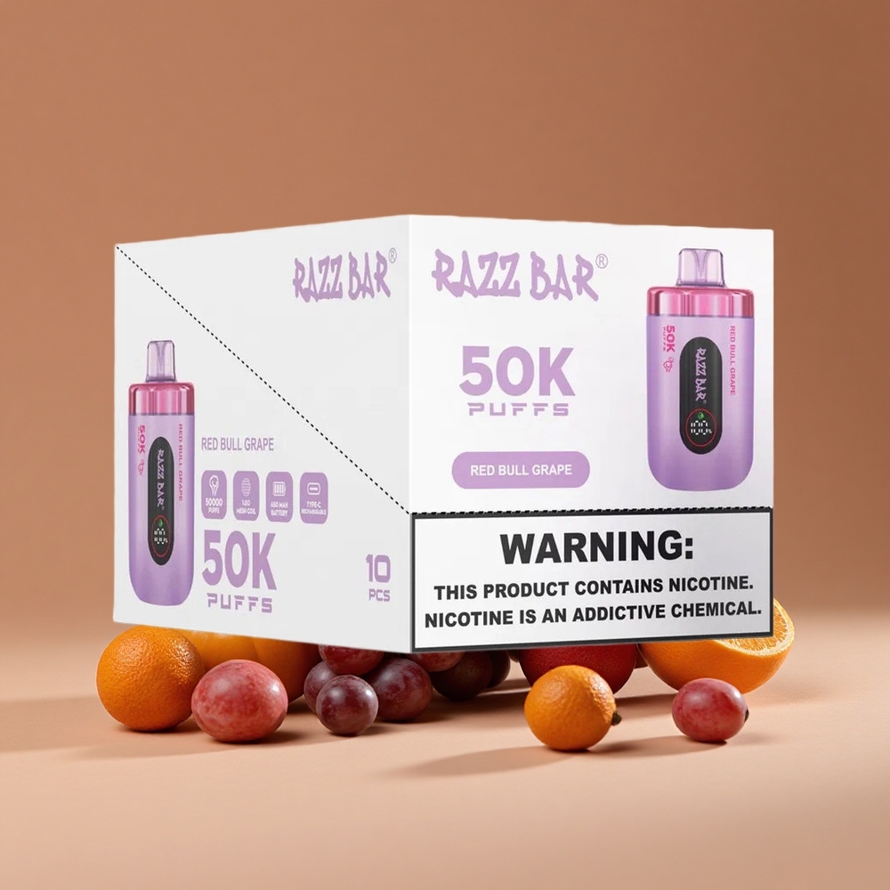 Razz Bar 50K Puffs Desechable Vape Toro Rojo Uva con Bobina Mesh 10 Ohm